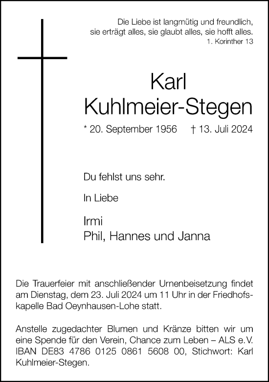 Traueranzeige von Karl Kuhlmeier-Stegen von Neue Westfälische