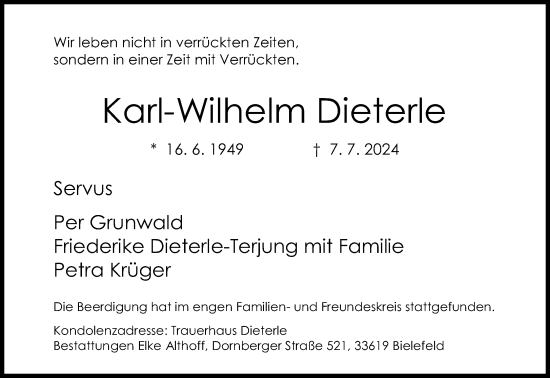 Traueranzeige von Karl-Wilhelm Dieterle von Neue Westfälische