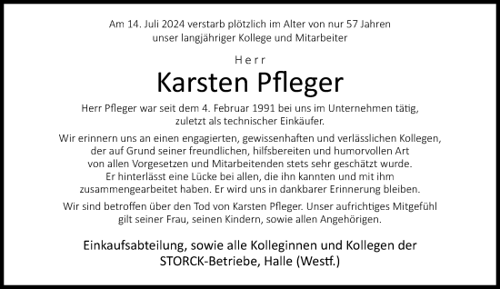 Traueranzeige von Karsten Pfleger von Neue Westfälische