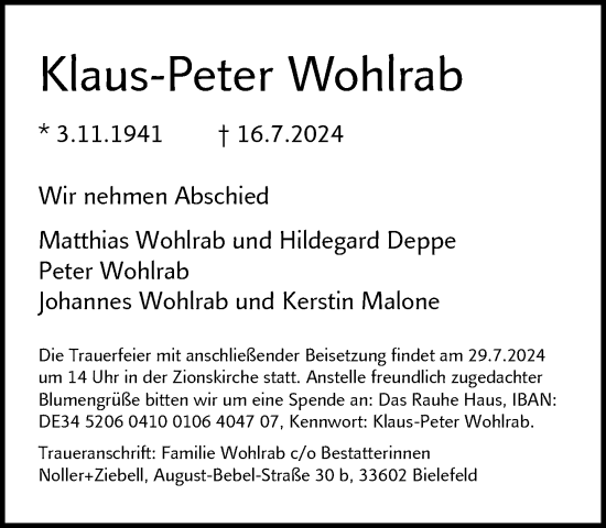 Traueranzeige von Klaus-Peter Wohlrab von Neue Westfälische