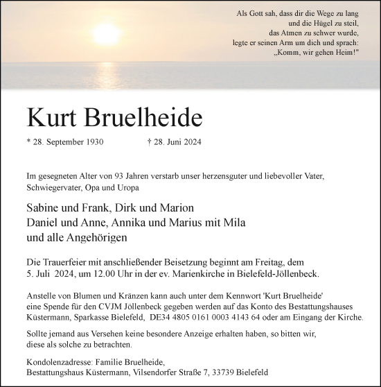 Traueranzeige von Kurt Bruelheide von Neue Westfälische