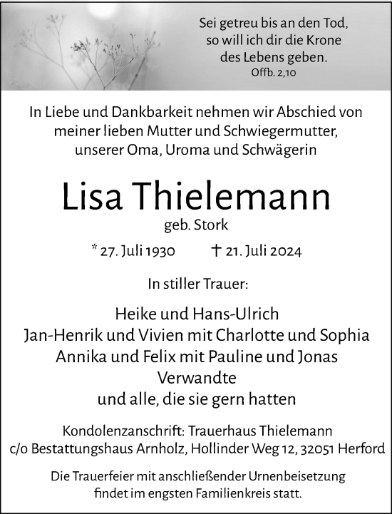 Traueranzeige von Lisa Thielemann von Neue Westfälische