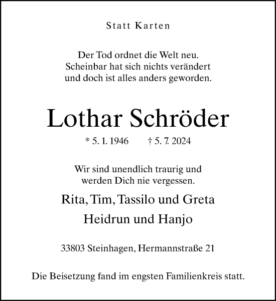 Traueranzeige von Lothar Schröder von Neue Westfälische