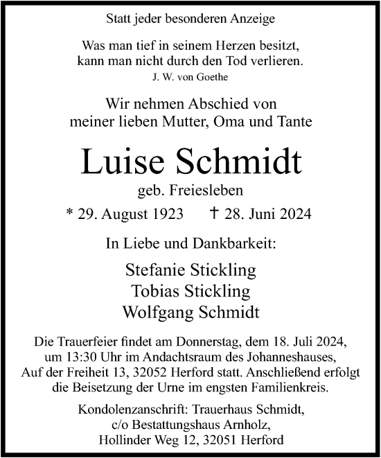 Traueranzeige von Luise Schmidt von Neue Westfälische