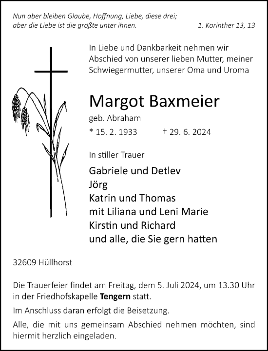 Traueranzeige von Margot Baxmeier von Neue Westfälische