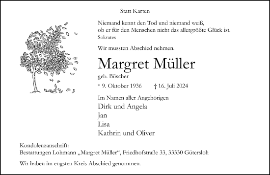 Traueranzeige von Margret Müller von Neue Westfälische