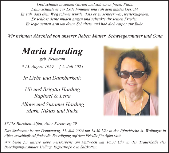 Traueranzeige von Maria Harding von Neue Westfälische