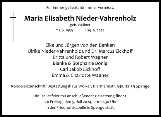 Traueranzeige von Maria Elisabeth Nieder-Vahrenholz von Neue Westfälische