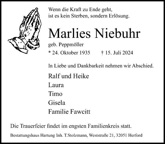 Traueranzeige von Marlies Niebuhr von Neue Westfälische