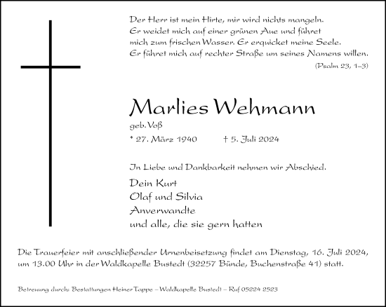 Traueranzeige von Marlies Wehmann von Neue Westfälische