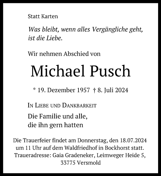 Traueranzeige von Michael Pusch von Neue Westfälische