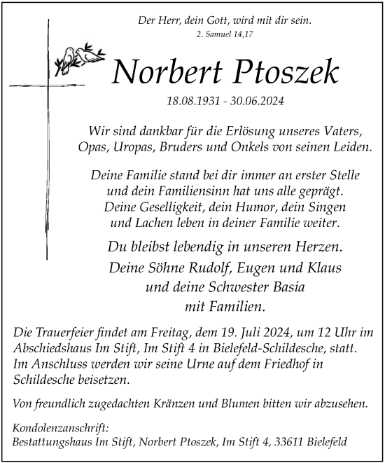Traueranzeige von Norbert Ptoszek von Neue Westfälische