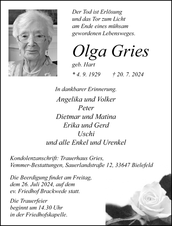 Traueranzeige von Olga Gries von Neue Westfälische