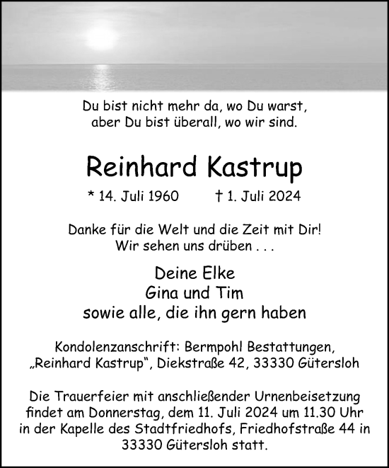 Traueranzeige von Reinhard Kastrup von Neue Westfälische