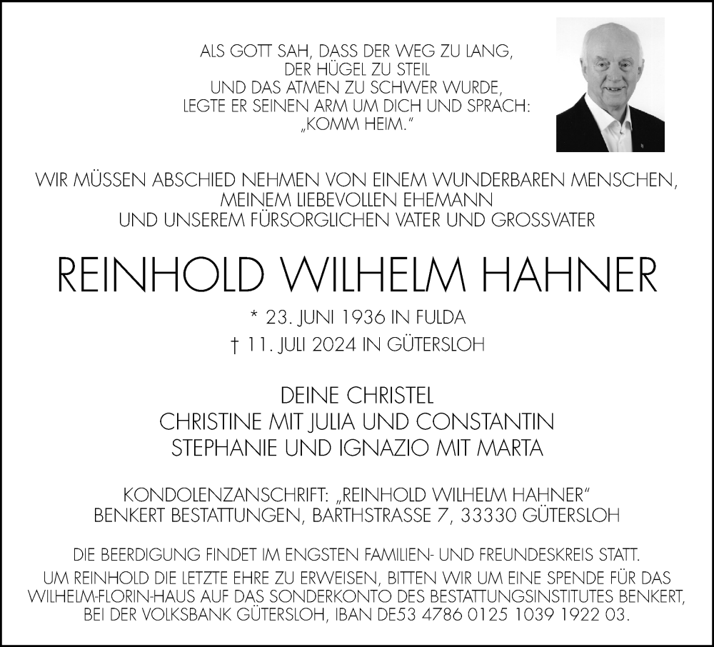  Traueranzeige für Reinhold Wilhelm Hahner vom 13.07.2024 aus Neue Westfälische