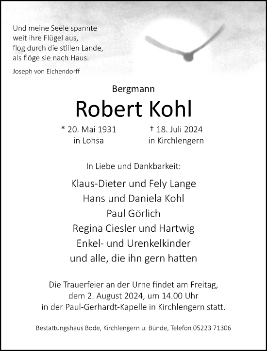 Traueranzeige von Robert Kohl von Neue Westfälische