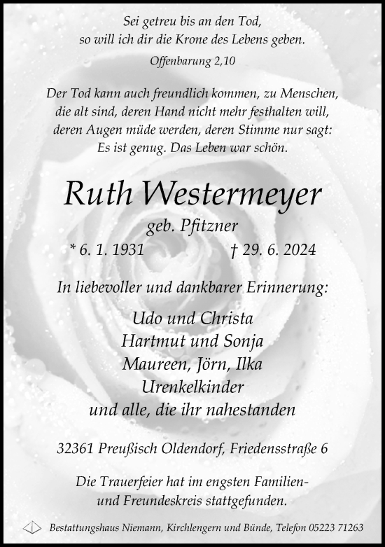 Traueranzeige von Ruth Westermeyer von Neue Westfälische