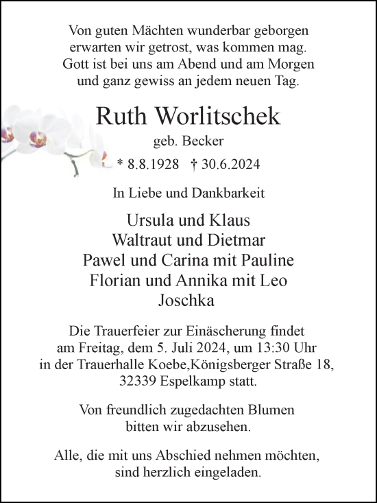 Traueranzeige von Ruth Worlitschek von Neue Westfälische