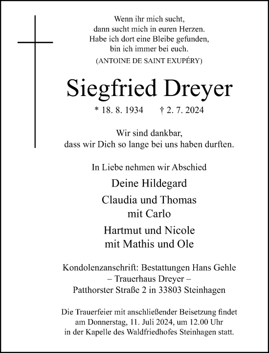 Traueranzeige von Siegfried Dreyer von Neue Westfälische