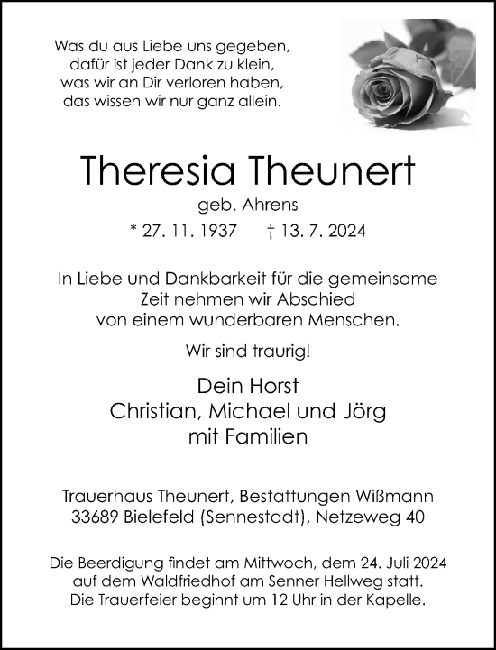 Traueranzeige von Theresia Theunert von Neue Westfälische