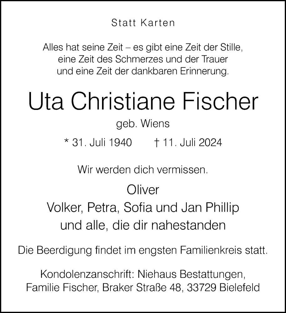  Traueranzeige für Uta  Fischer vom 20.07.2024 aus Neue Westfälische