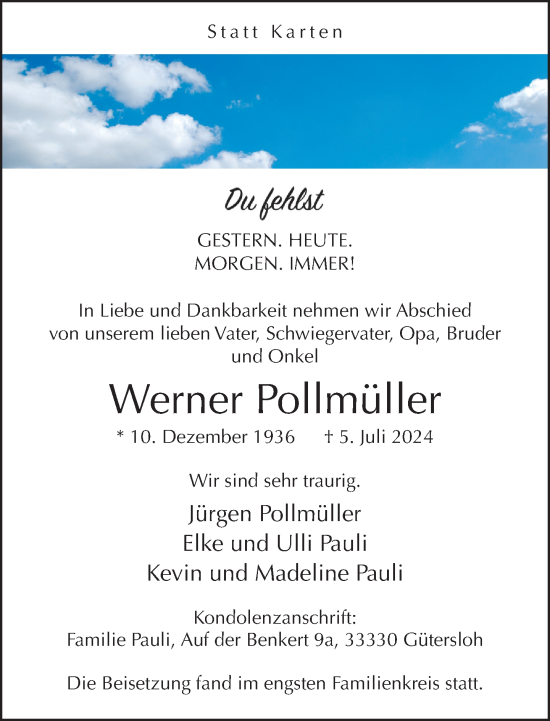 Traueranzeige von Werner Pollmüller von Neue Westfälische