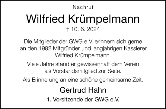 Traueranzeige von Wilfried Krümpelmann von Neue Westfälische