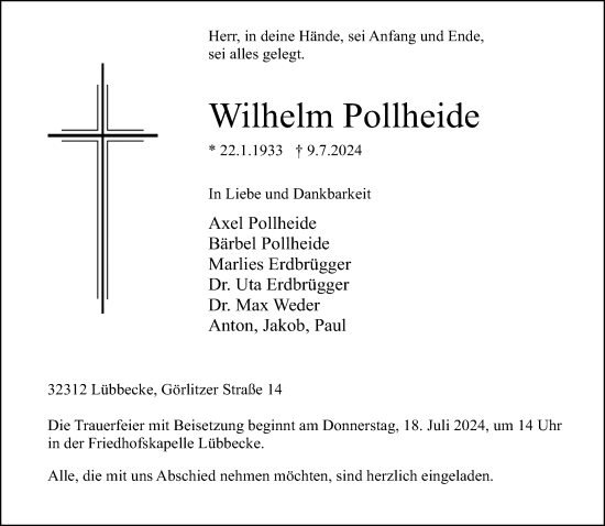 Traueranzeige von Wilhelm Pollheide von Neue Westfälische