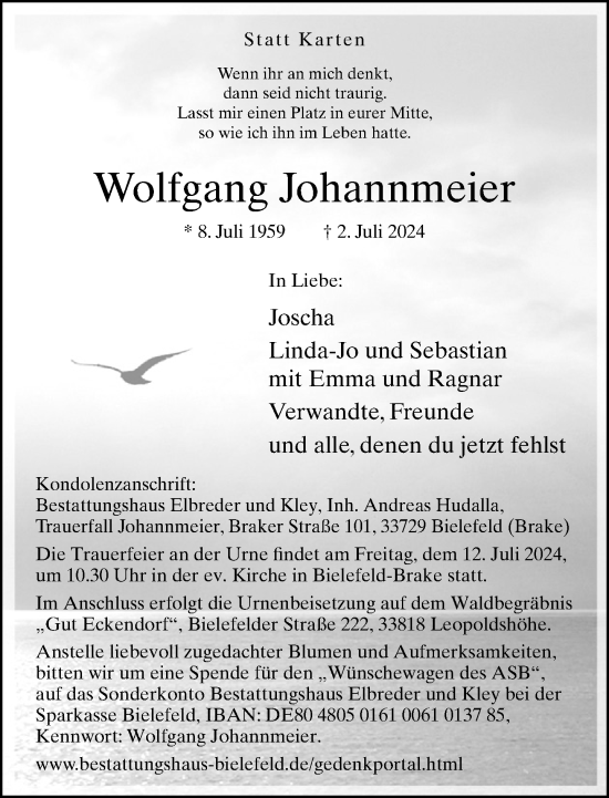 Traueranzeige von Wolfgang Johannmeier von Neue Westfälische