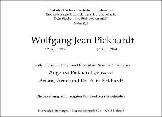 Traueranzeige von Wolfgang Jean Pickhardt von Neue Westfälische