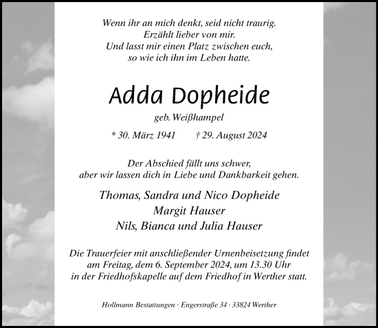 Traueranzeige von Adda Dopheide von Neue Westfälische