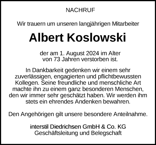 Traueranzeige von Albert Koslowski von Neue Westfälische