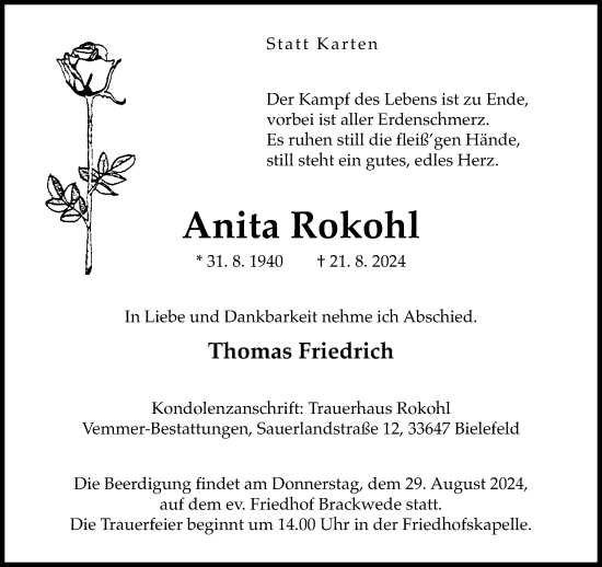 Traueranzeige von Anita Rokohl von Neue Westfälische