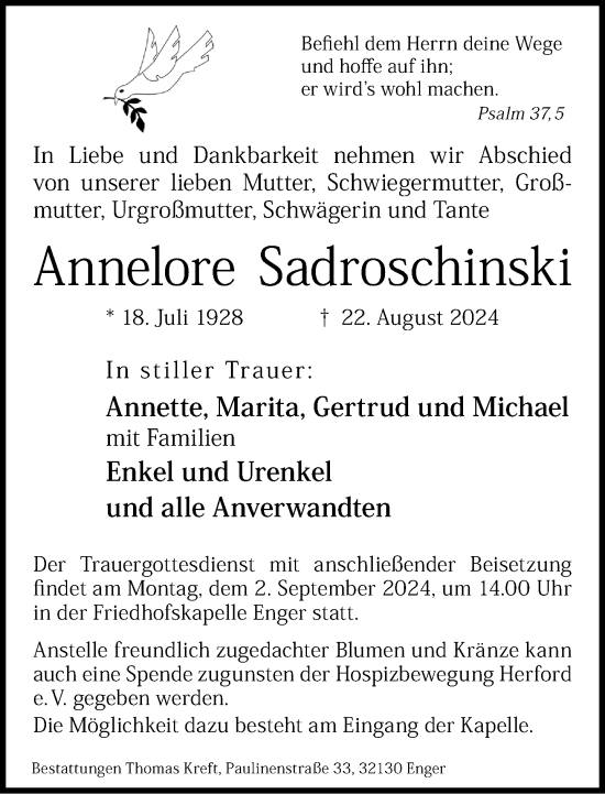 Traueranzeige von Annelore Sadroschinski von Neue Westfälische