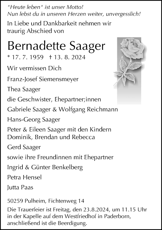 Traueranzeige von Bernadette Saager von Neue Westfälische