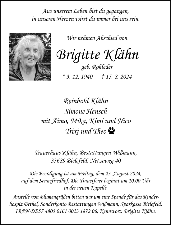 Traueranzeige von Brigitte Klähn von Neue Westfälische