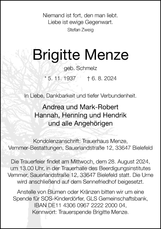 Traueranzeige von Brigitte Menze von Neue Westfälische