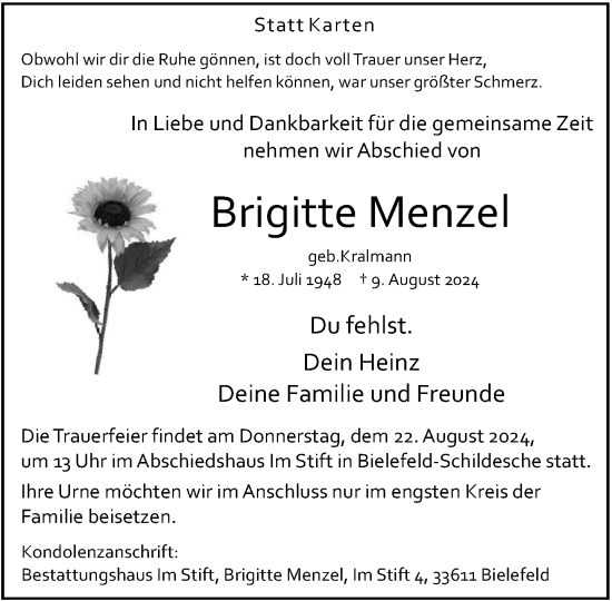 Traueranzeige von Brigitte Menzel von Neue Westfälische