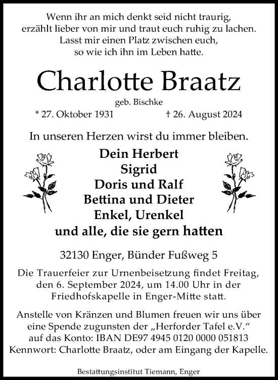 Traueranzeige von Charlotte Braatz von Neue Westfälische