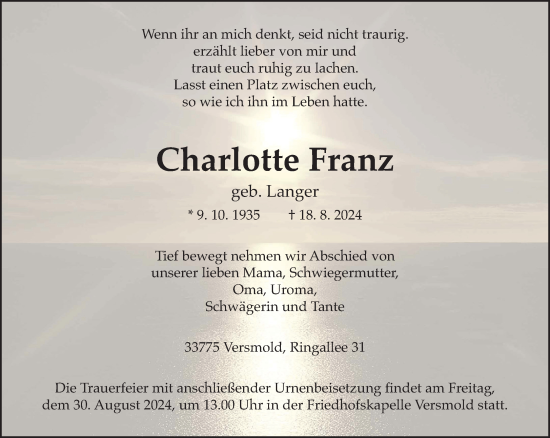 Traueranzeige von Charlotte Franz von Neue Westfälische