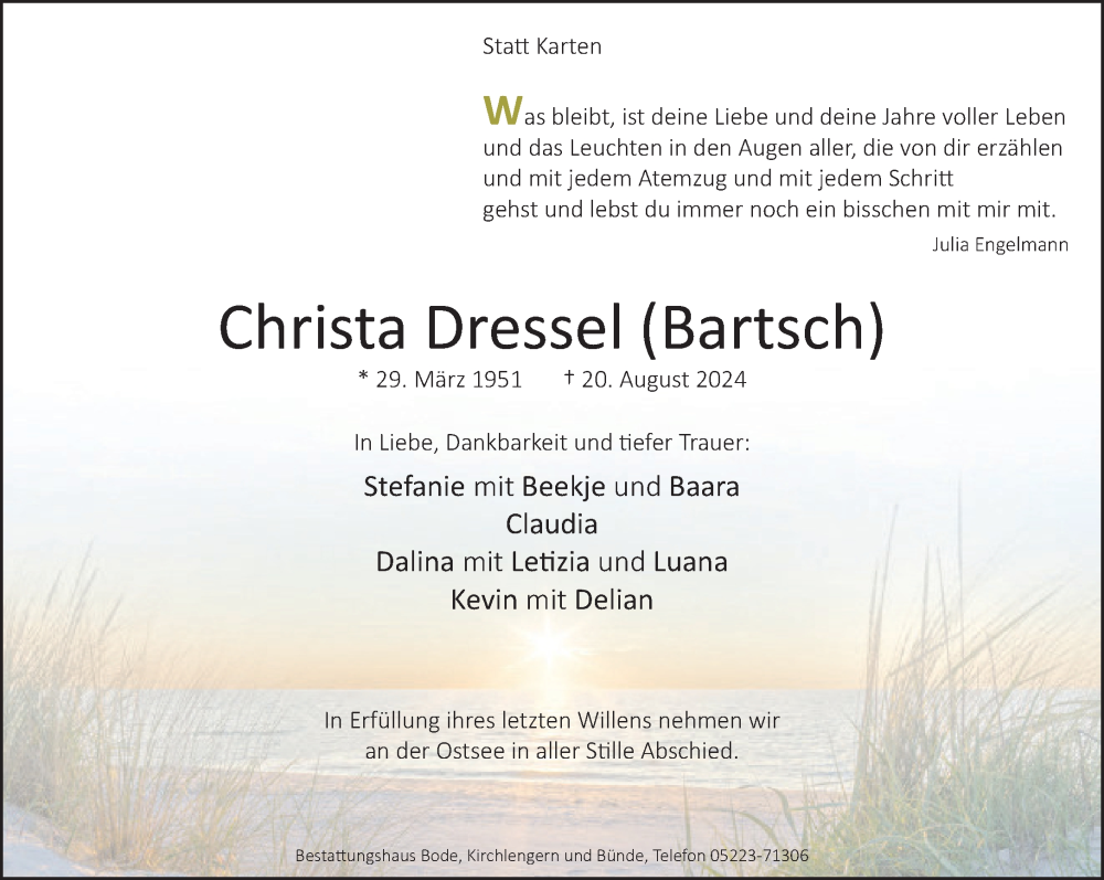  Traueranzeige für Christa Dressel vom 24.08.2024 aus Neue Westfälische