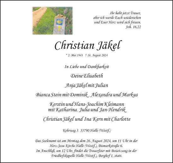 Traueranzeige von Christian Jäkel von Neue Westfälische