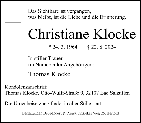 Traueranzeige von Christiane Klocke von Neue Westfälische