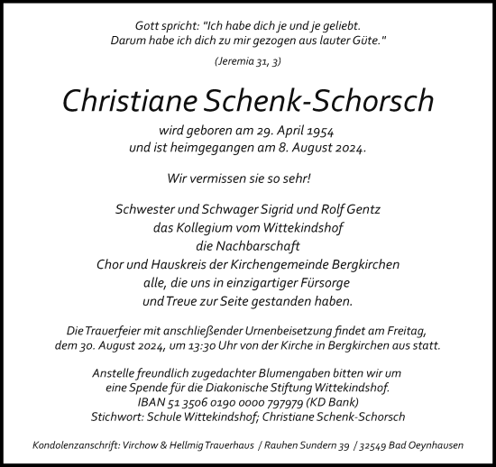 Traueranzeige von Christiane Schenk-Schorsch von Neue Westfälische