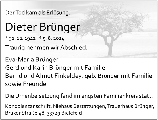 Traueranzeige von Dieter Brünger von Neue Westfälische