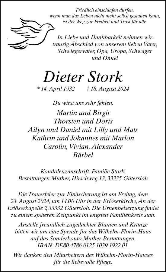 Traueranzeige von Dieter Stork von Neue Westfälische