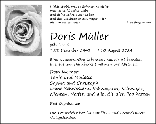 Traueranzeige von Doris Müller von Neue Westfälische