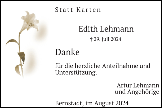 Traueranzeige von Edith Lehmann von Neue Westfälische