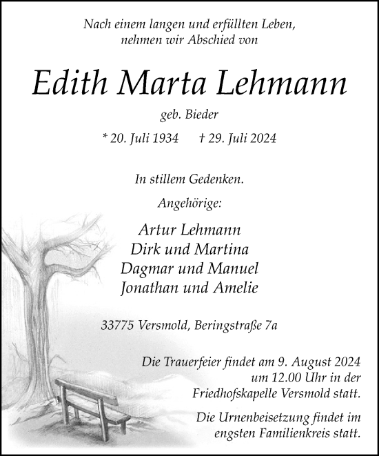 Traueranzeige von Edith Marta Lehmann von Neue Westfälische