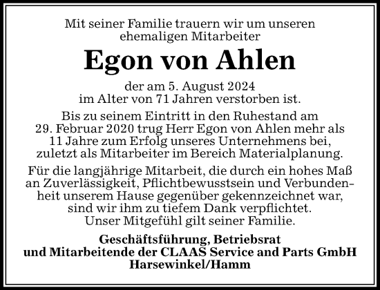 Traueranzeige von Egon von Ahlen von Neue Westfälische